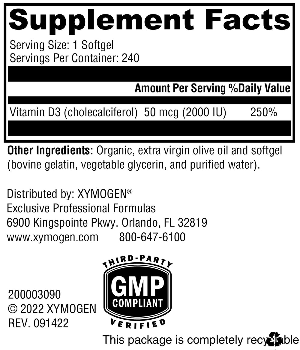 XYMOGEN D3 2000 softgel pour demonstrates convenient daily dosing.