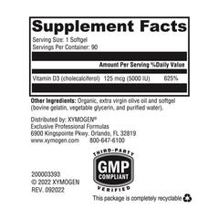 Pouring XYMOGEN D3 5000 IU softgels illustrates easy daily dosage.