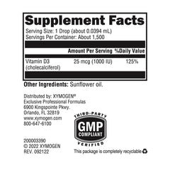 XYMOGEN D3 Liquid serving drops illustrate micro-emulsified absorption.