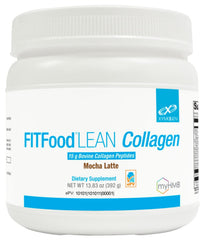 Xymogen Fit Food Lean Collagen Mocha Latte tub with scoop for convenient recovery support.