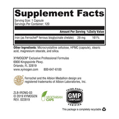 XYMOGEN Iron Glycinate capsules close-up highlights easy-to-swallow form.