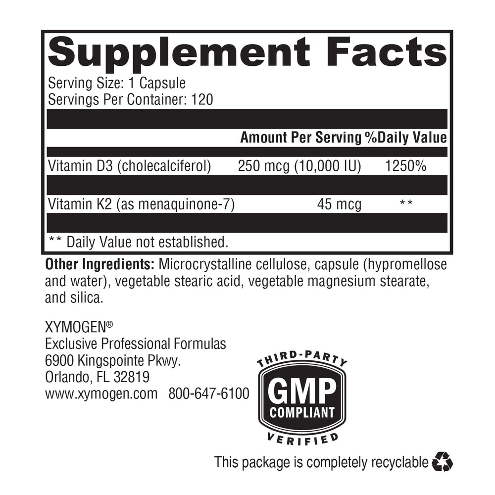 XYMOGEN K2-D3 label detail highlights vitamin D3 and MK-7 together