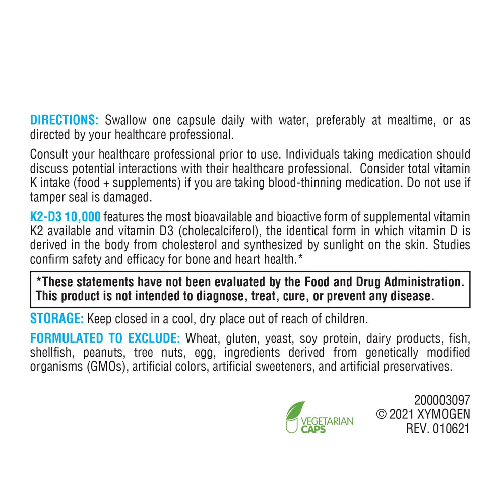 XYMOGEN K2-D3 product shot suggests easy daily intake with a simple regimen