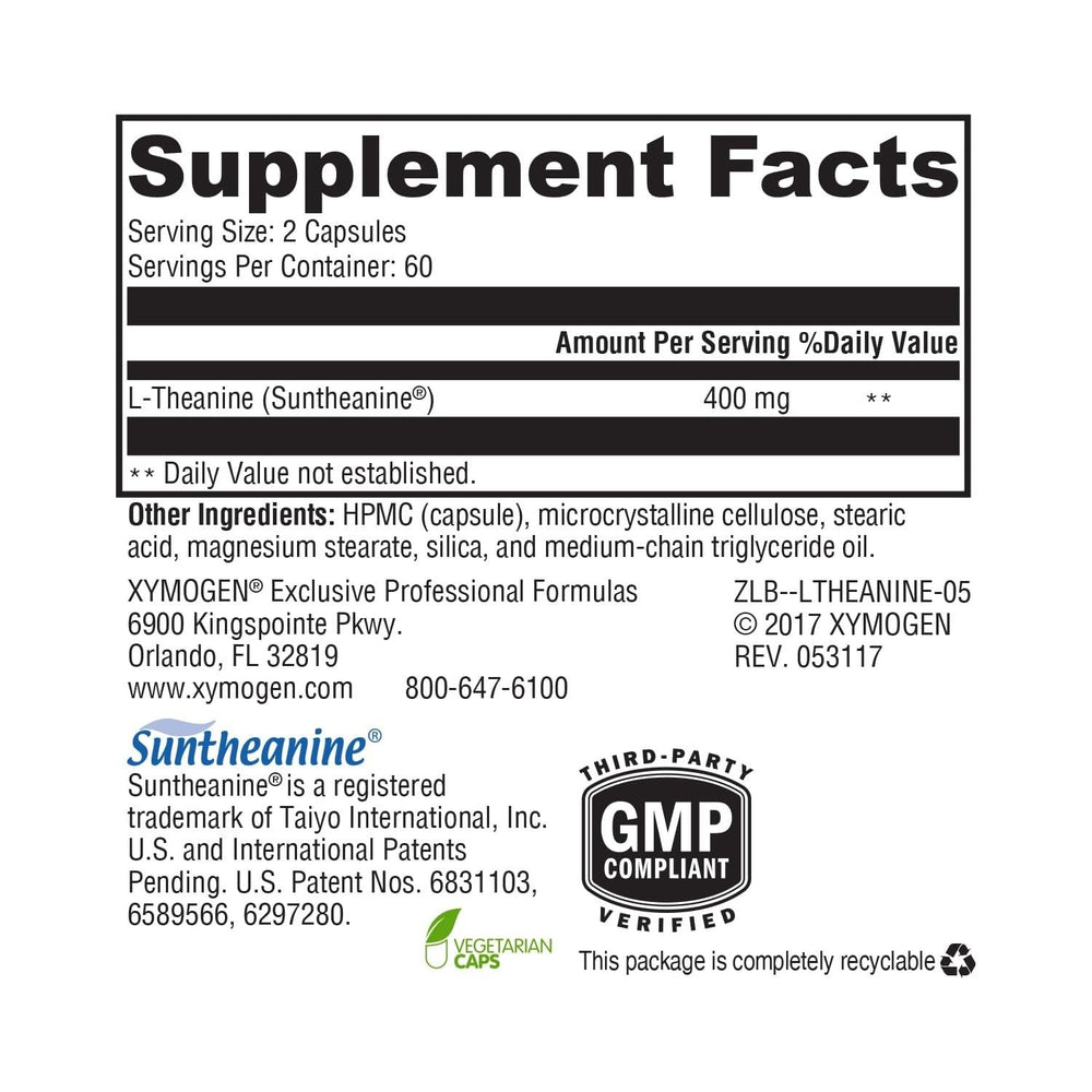 XYMOGEN L-Theanine capsules closeup showing 400 mg per serving