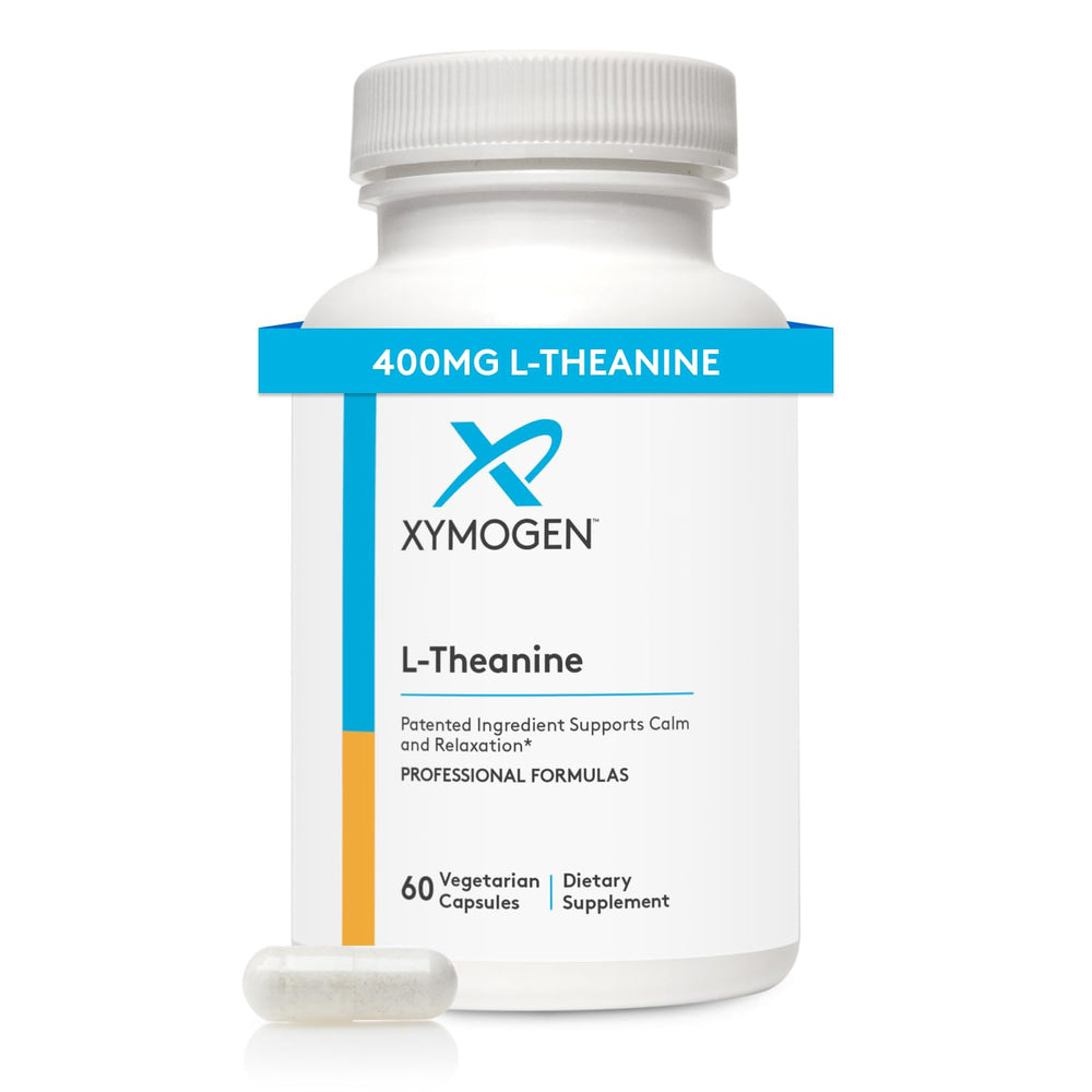 Ingredients panel for XYMOGEN L-Theanine showing MCT oil and ascorbyl palmitate