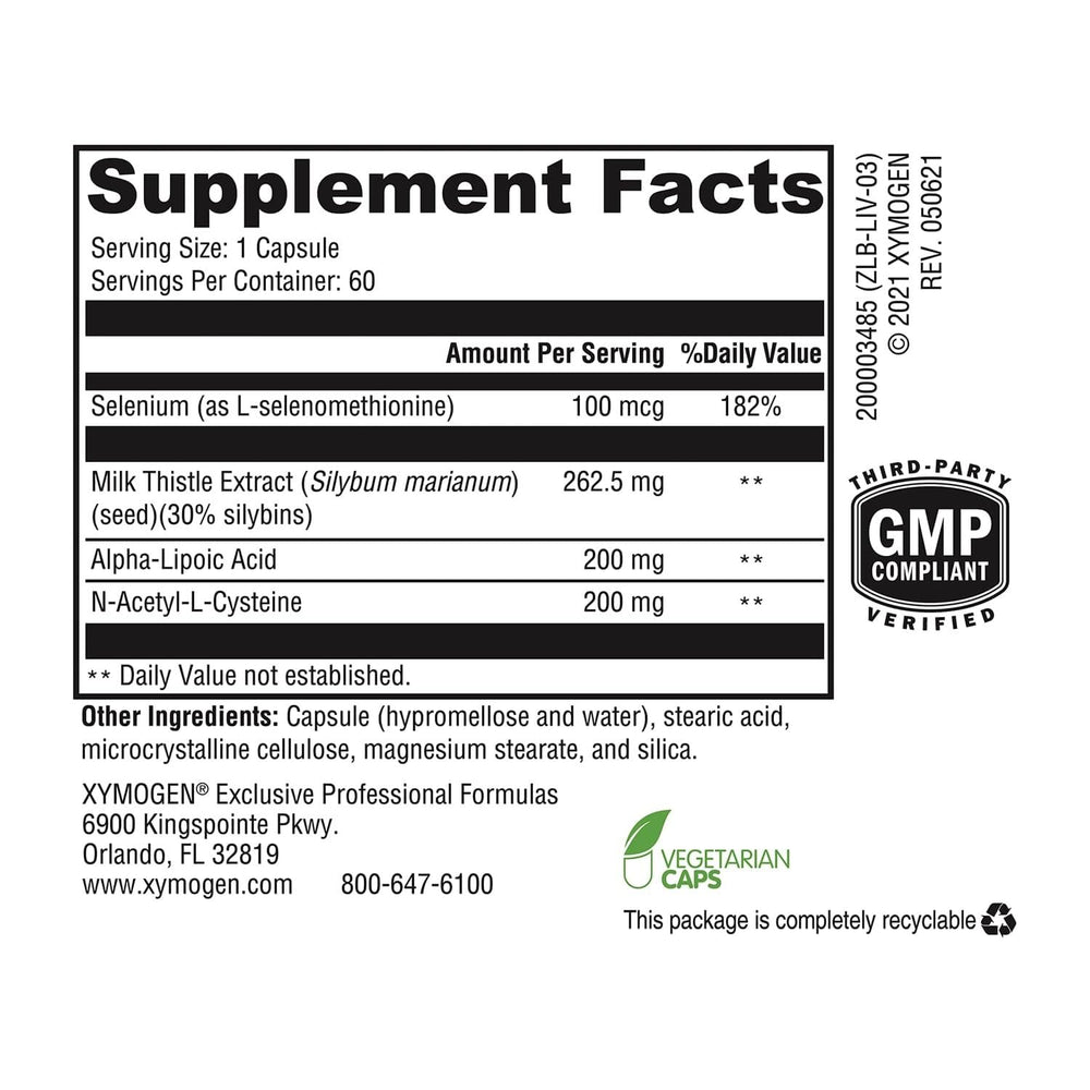 XYMOGEN Liver Protect label details highlight milk thistle and NAC benefits for detox support
