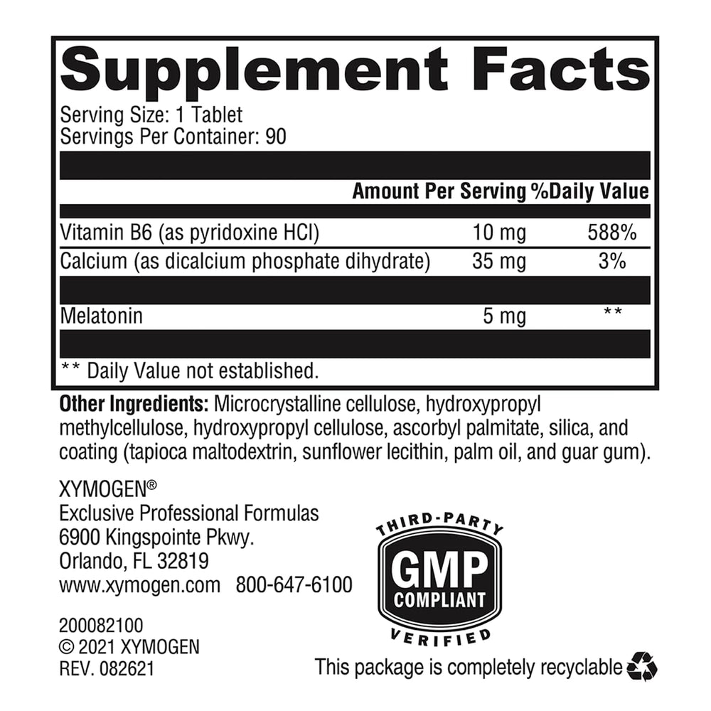 XYMOGEN Melatonin CR tablet close-up highlighting 5 mg dosage for sleep support.