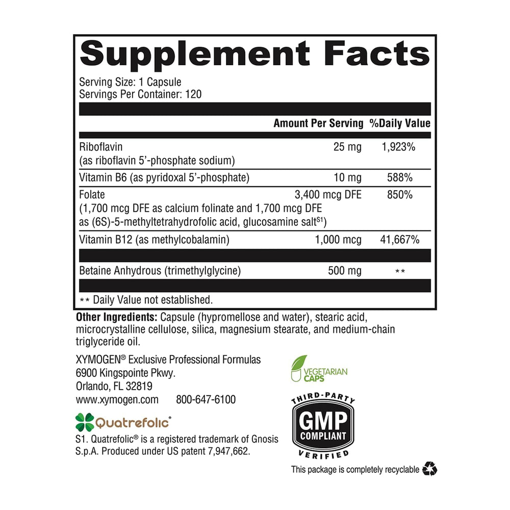 Xymogen Methyl Protect bottle back label detailing ingredients for metabolism.