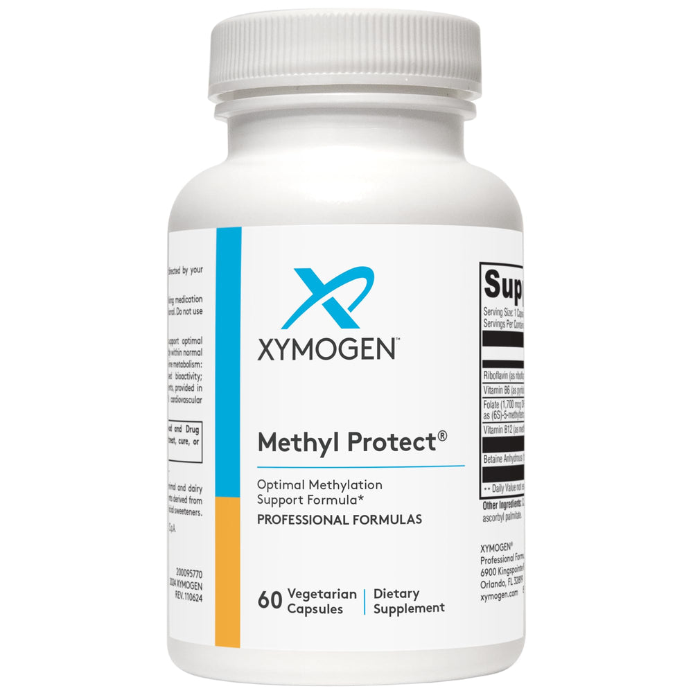 XYMOGEN Methyl Protect capsules row displays an evenly dosed B vitamin blend.