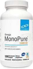 XYMOGEN Omega MonoPure 1300 EC bottle closeup showing heart and brain support.