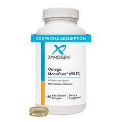 Xymogen Omega MonoPure 650-EC bottle front with small softgels for easy swallowing.