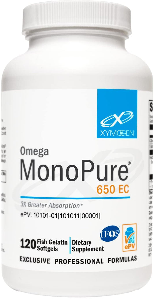 Xymogen Omega MonoPure 650-ec bottle with compact softgels for easy daily use.