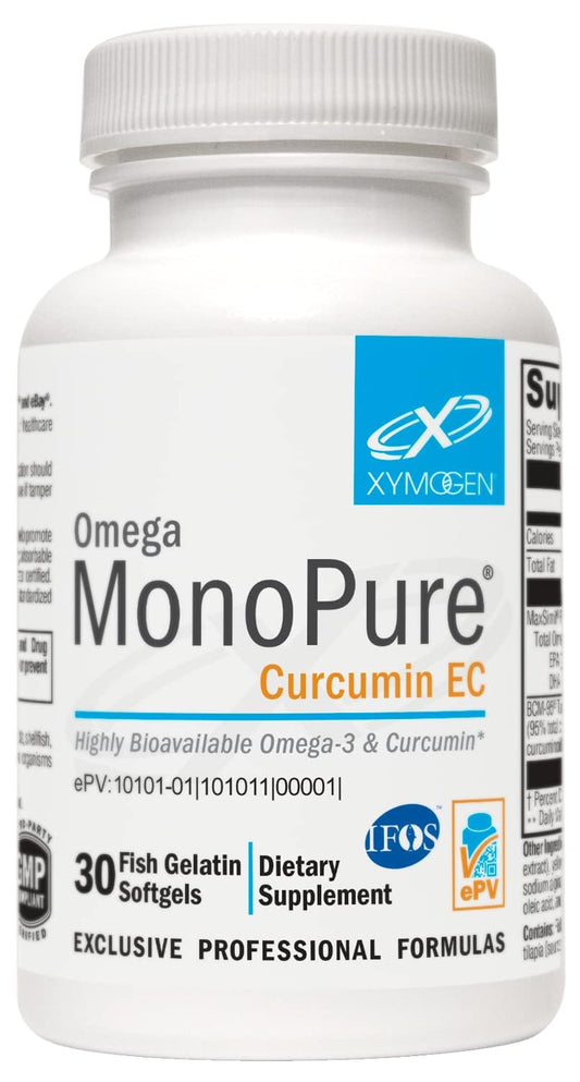 Xymogen Omega MonoPure Curcumin EC bottle front highlights premium omega-3 with enhanced absorption.