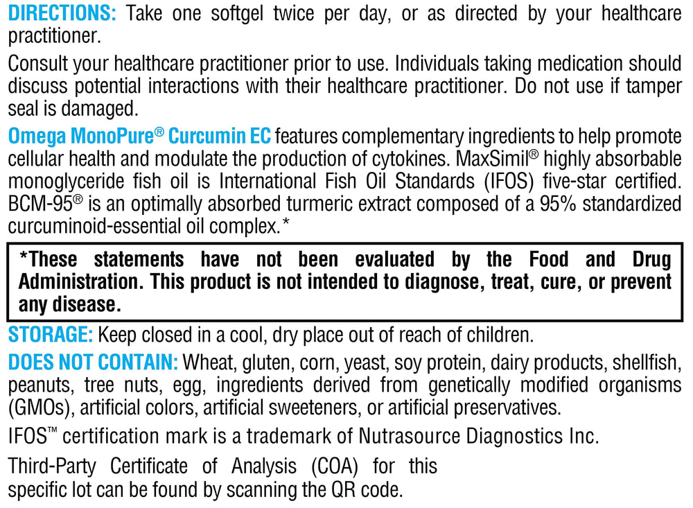 Xymogen Omega MonoPure Curcumin EC packaging shot communicates quality standards and certifications.