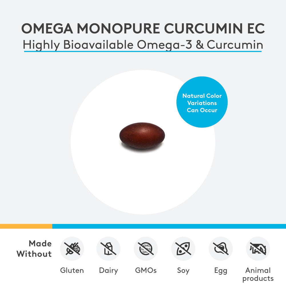 Xymogen Omega MonoPure Curcumin EC pour image demonstrates convenient softgel serving.