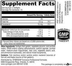 XYMOGEN Omega MonoPure DHA label detail, concentrated DHA and EPA.