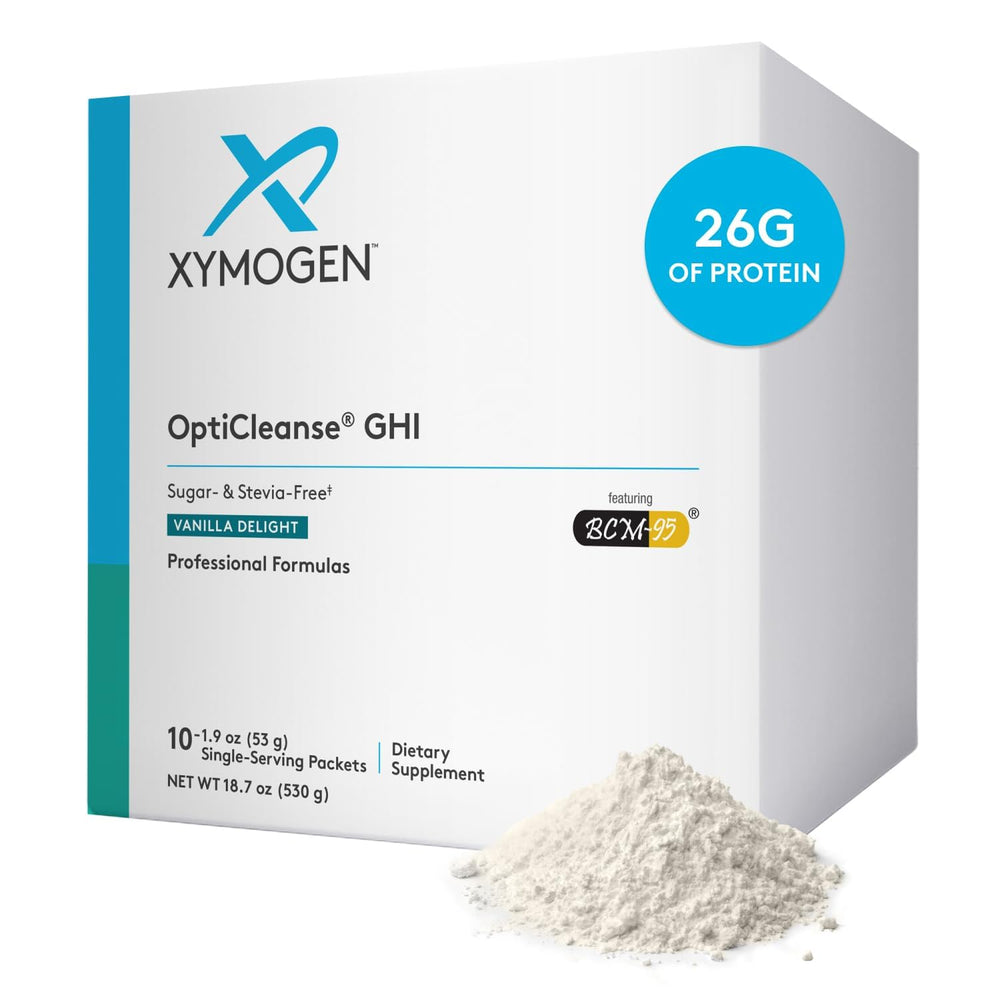 XYMOGEN OptiCleanse GHI vanilla bottle showcases label and gut health focus.