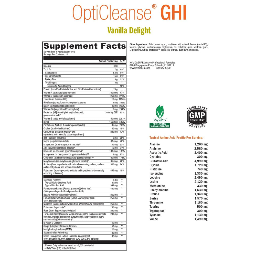 XYMOGEN OptiCleanse GHI vanilla powder scoop highlights serving size and protein blend.