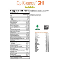 XYMOGEN OptiCleanse GHI vanilla powder scoop highlights serving size and protein blend.