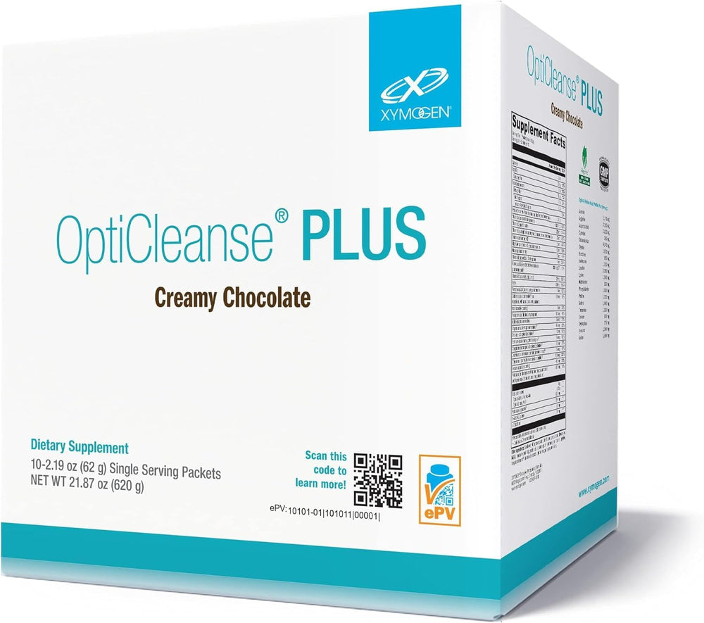 XYMOGEN OptiCleanse Plus creamy chocolate packets show a sugar-free vegan protein boost.