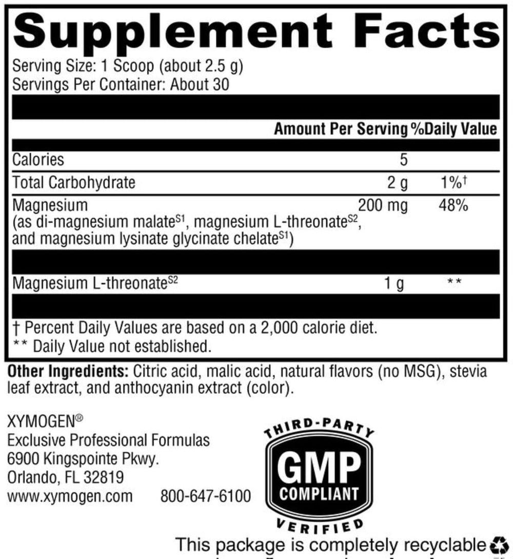 XYMOGEN OptiMag Neuro bottle label close-up highlighting ingredients.