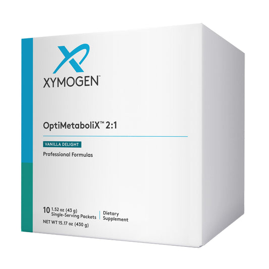 XYMOGEN OptiMetaboliX bottle in Vanilla Delight supports convenient daily metabolism.