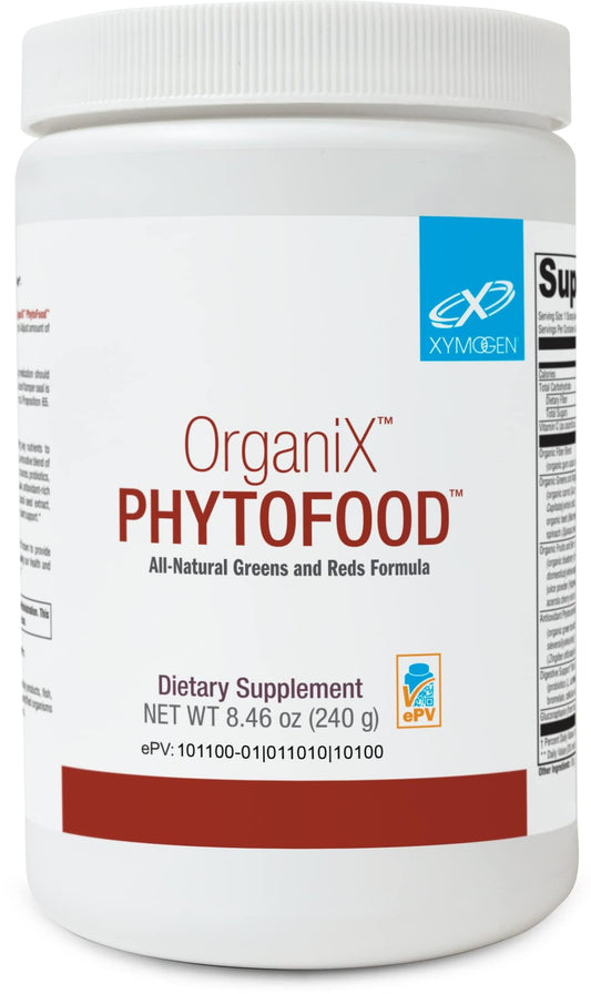 XYMOGEN OrganiX Reds and Greens bottle poured into a glass for a fiber-rich smoothie