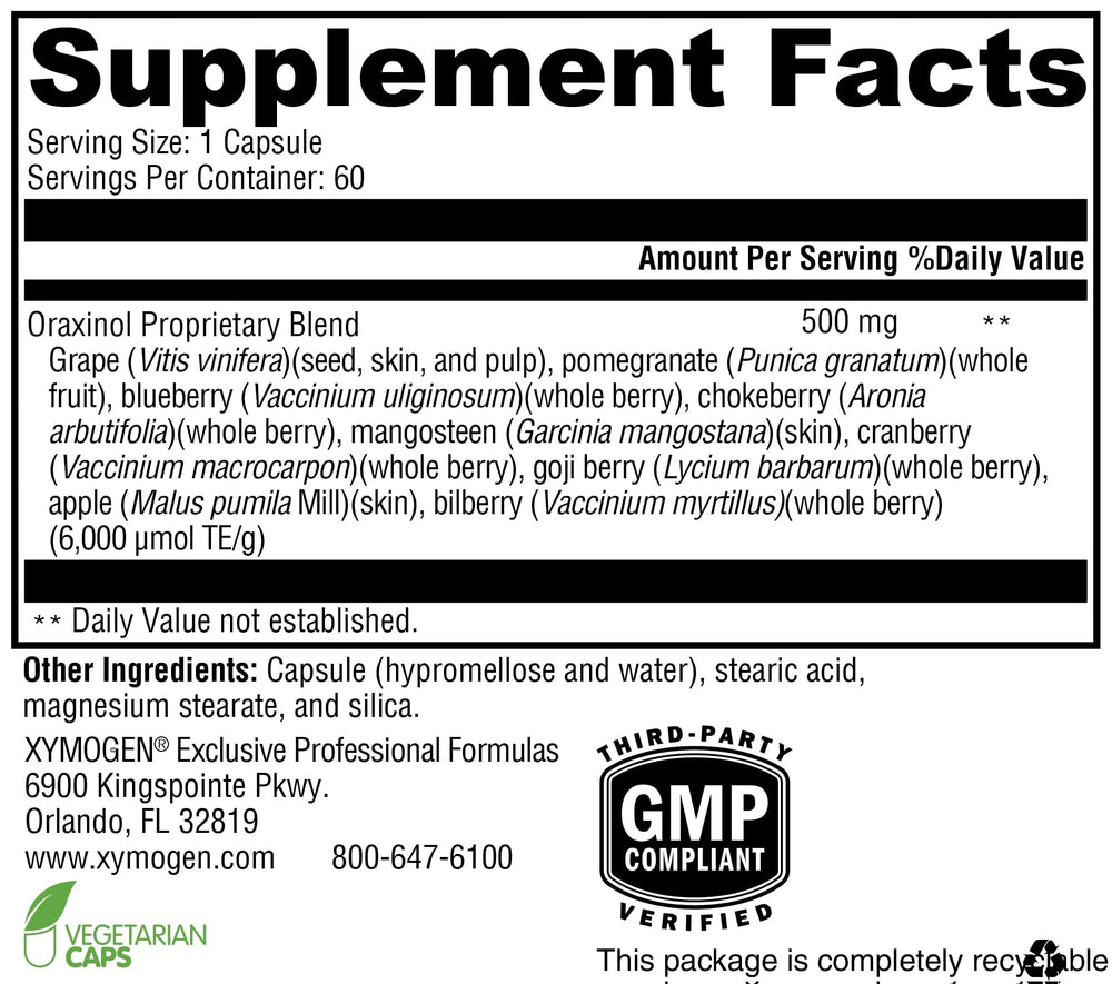 Xymogen Oraxinol ingredient list highlights grape seed, pomegranate, and berry blend.