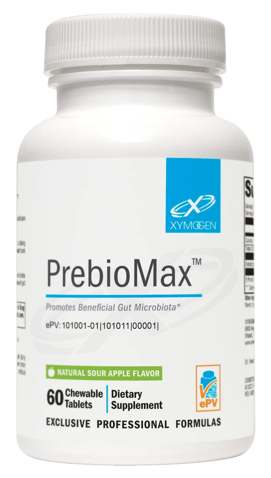 XYMOGEN PrebioMax bottle front showing sour apple flavor for easy daily use.