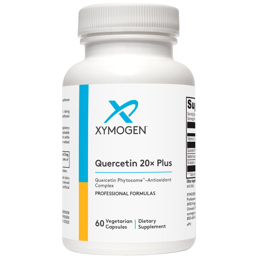 XYMOGEN Quercetin 20x Plus bottle close-up highlighting potential respiratory support