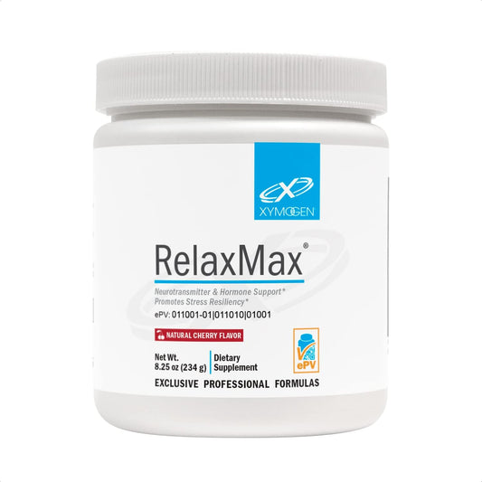 XYMOGEN RelaxMax cherry drink mix tub for mood support and relaxation.