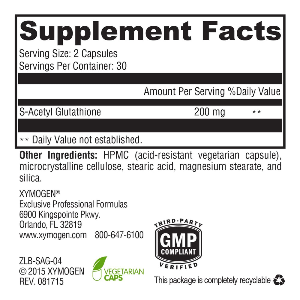 XYMOGEN S Acetyl Glutathione capsules closeup shows stable, well-absorbed capsules.
