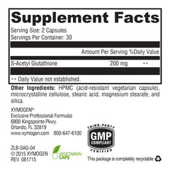 XYMOGEN S Acetyl Glutathione capsules closeup shows stable, well-absorbed capsules.