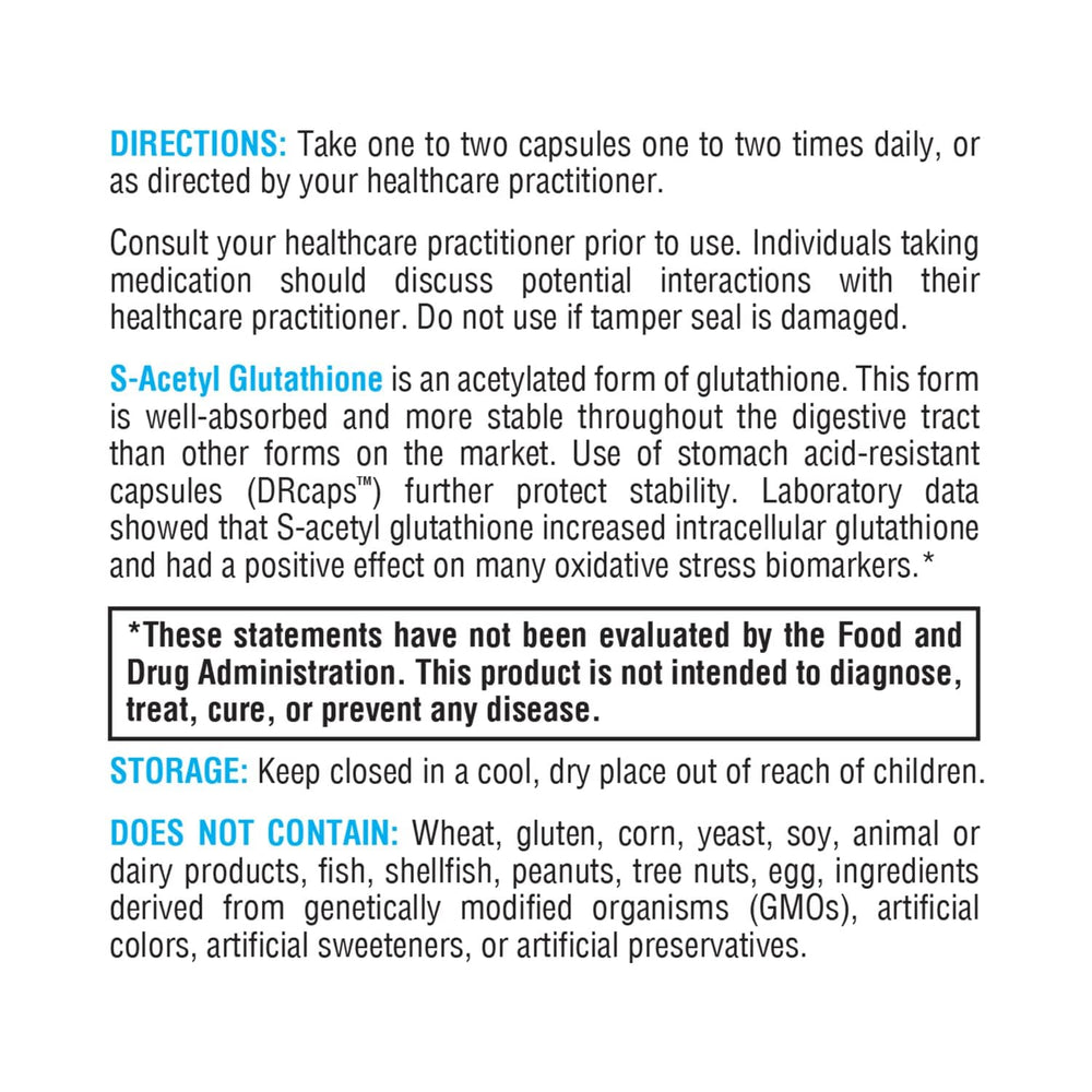 XYMOGEN S Acetyl Glutathione label detail indicates potency and usage direction.