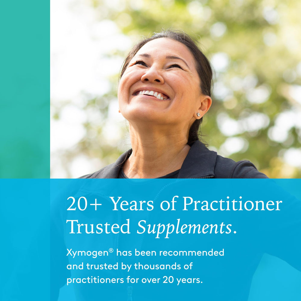 XYMOGEN S Acetyl Glutathione label highlights ingredients and allergen-free formulation.