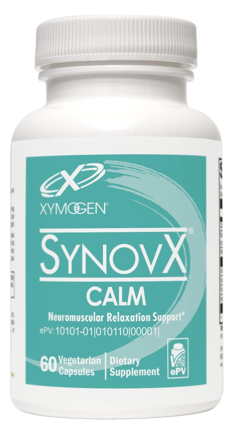 XYMOGEN SynovX Calm bottle label highlights relaxation-friendly minerals and botanicals.