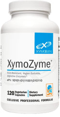 XYMOGEN XymoZyme bottle and label showcase vegan, acid-resistant digestive enzymes for daily gut support.