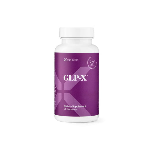 Xyngular GLP-X bottle front highlighting three-in-one weight support potential.