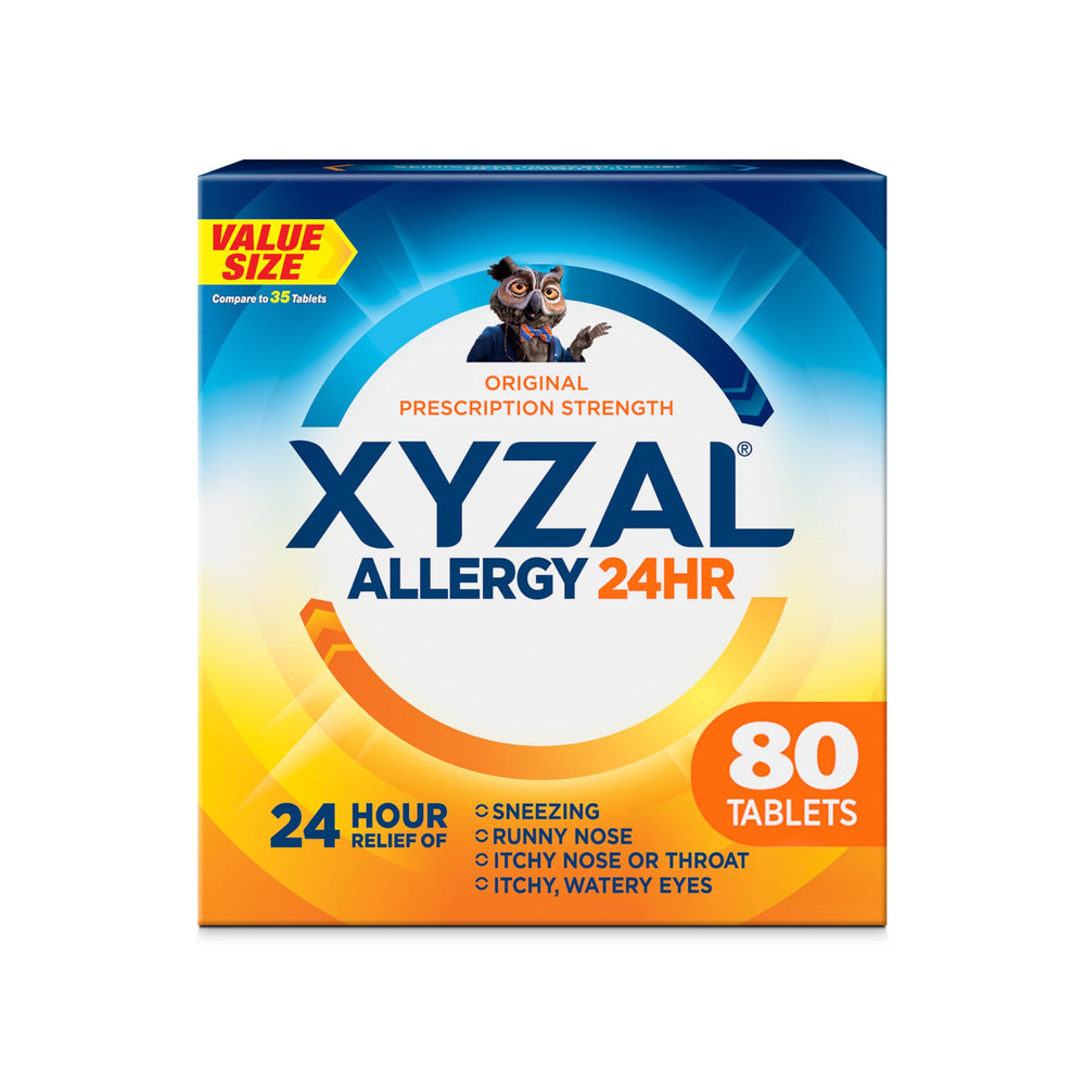 Xyzal bottle front showing an 80-count supply for all-day relief.