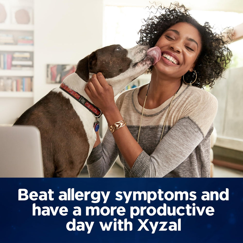 Xyzal indoor allergen-relief with dust and pet dander visuals.