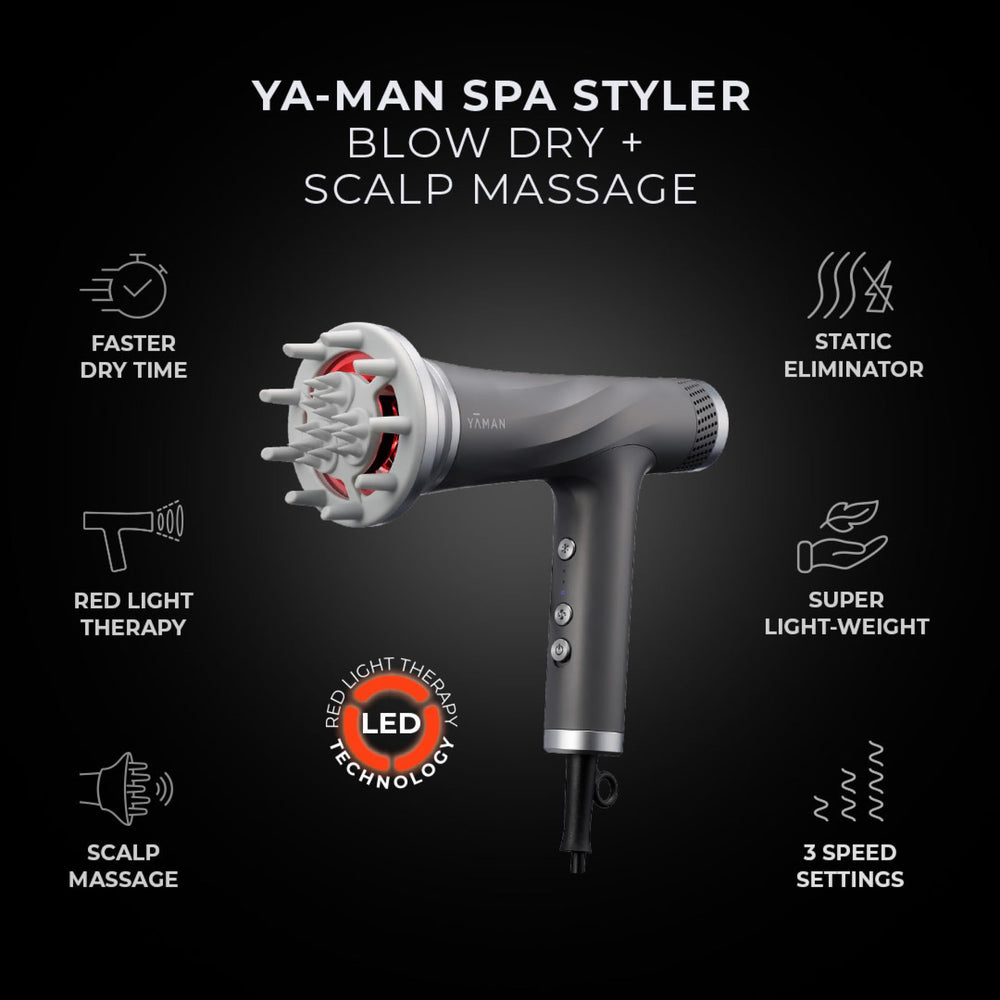 YA-MAN blow dryer shows red light therapy feature for warmth during drying