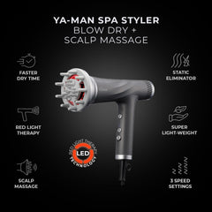 YA-MAN blow dryer shows red light therapy feature for warmth during drying