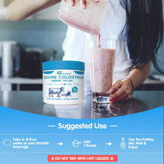 YAAHARO bottle detail with label noting 50% IgG and 2500 mg colostrum