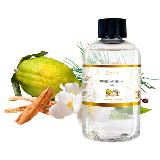 YANCY Night Swimming fragrance oil bottle; calming marine floral aroma for diffuser use
