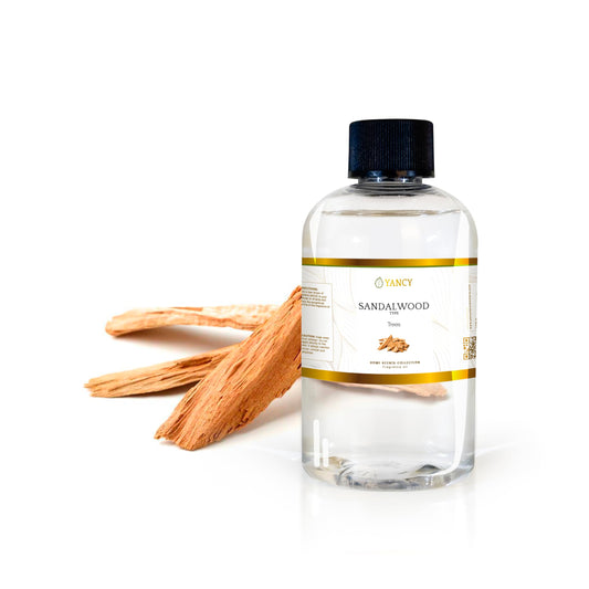 YANCY Sandalwood Luxury bottle front, ideal for diffusers and calm spaces.