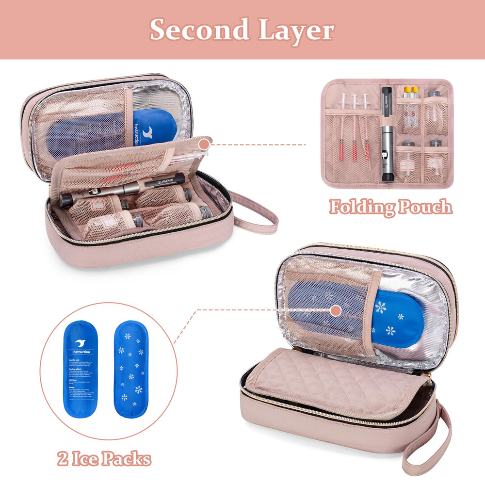 Yarwo insulin cooler case bottom layer stores pens and cooling items.