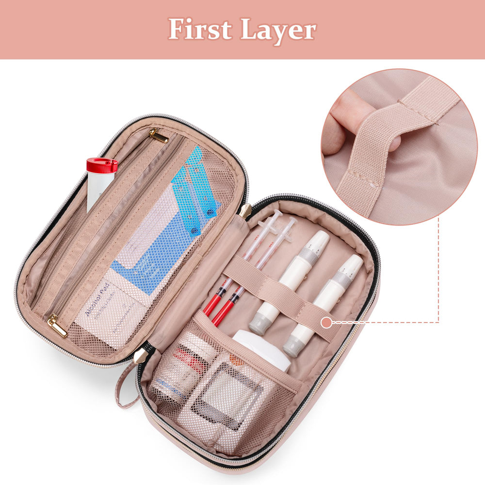 Yarwo insulin cooler case open reveals organized top compartment for meters.
