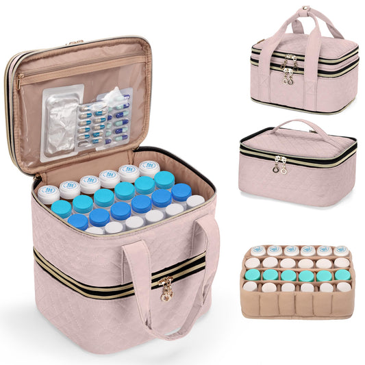 YARWO pill bottles organizer 3-layer showing organized compartments for pills on the move
