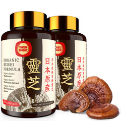 Yasumako Japanese Reishi bottle pour showing convenient daily capsule format for immune wellness.