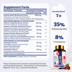 Yasumako nine-in-one mushroom blend label highlights polysaccharides and triterpenes.